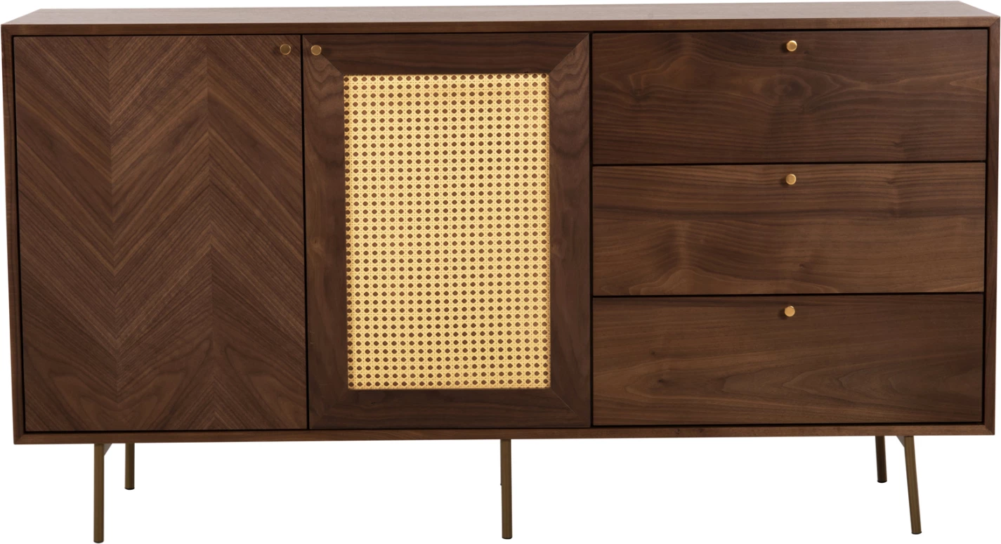 Bife MEEN FH9735 MDF z naravnim orehovim furnirjem-zlate kovinske noge 150x40x80Hcm