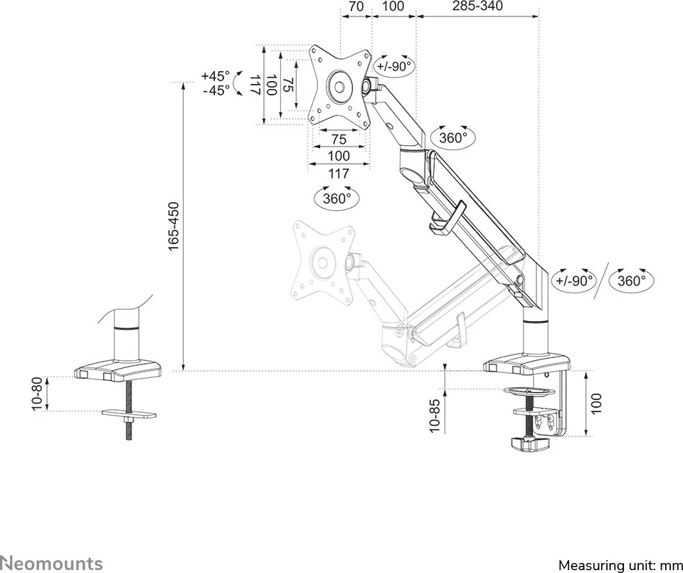 Nosilec za monitor Neomounts, s sponko/čepom, 9 kg, 43,2 cm (17"), 81,3 cm (32"), 100 x 100 mm, črn