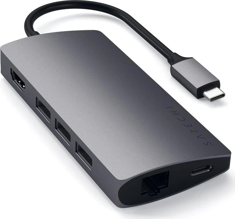 USB-C hub Satechi Aluminium Adapter V2, 3x USB-A, 4K HDMI, micro/SD, Ethernet, siva