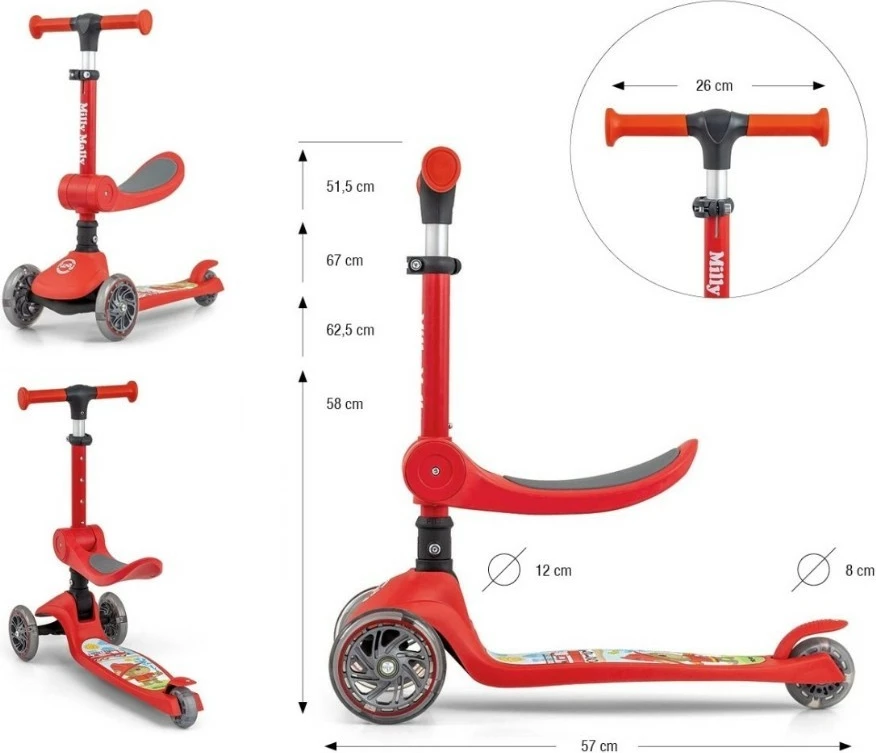 Trotinet za otroke Fuzzy Milly Mally 5752, 3 kolesa, rdeč