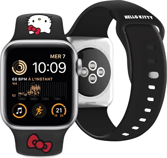 Silikonski pašček za Apple Watch 42/44/45/49 mm, Hello Kitty, črn