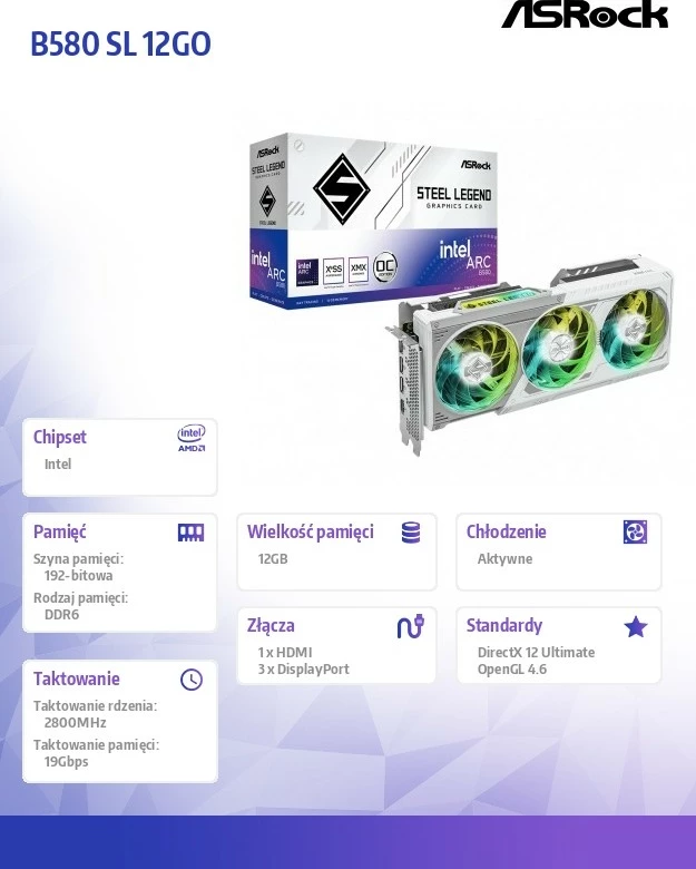 Grafična kartica B580 STEEL LEGEND ASRock, 12GB GDDR6, PCI-E 4.0, bela