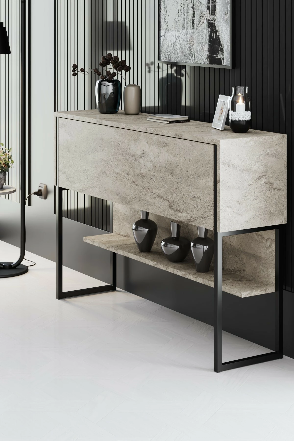 Komoda Luxe, travertin, črna, Hanah Home