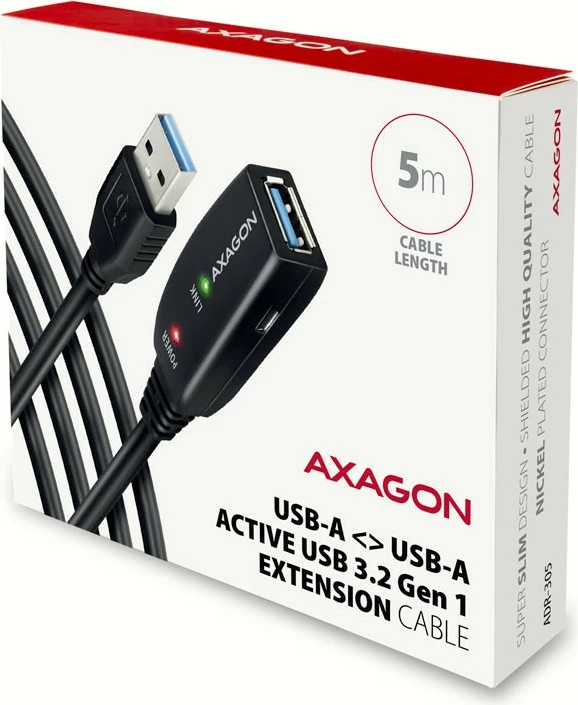 Aktivni podaljšek USB 3.2 Gen 1 AXAGON ADR-305, 5 m, črn