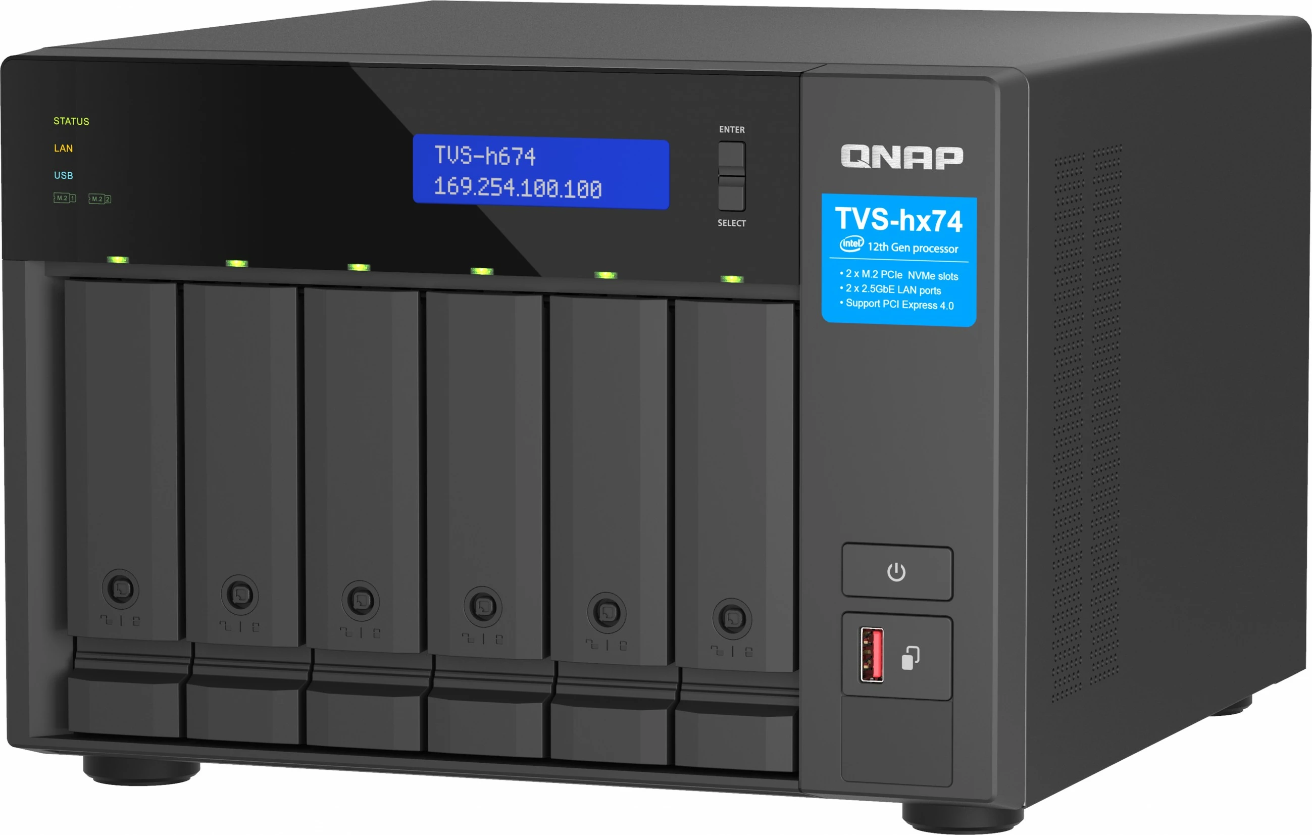 NAS profesional s 6 mesti za diske, Intel Core i5-12400, 32GB RAM, QNAP TVS-H674-I5-32G, črn