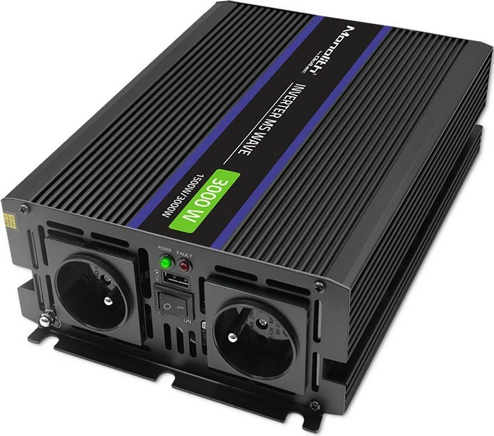 Pretvornik napetosti Monolith 3000 MS Wave Qoltec, 12V v 230V, 1500/3000W, USB, črn