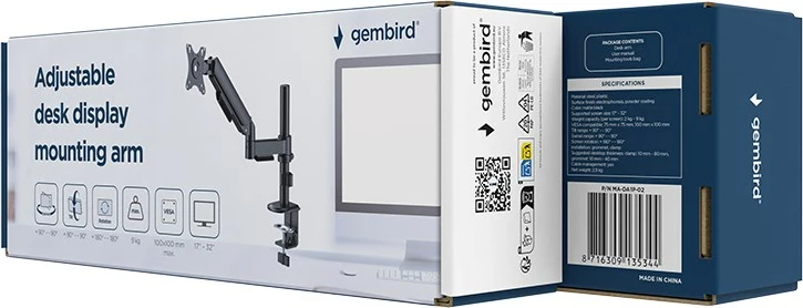 Nastavljiv nosilec za namizni monitor Gembird MA-DA1P-02, 17–32\", črn