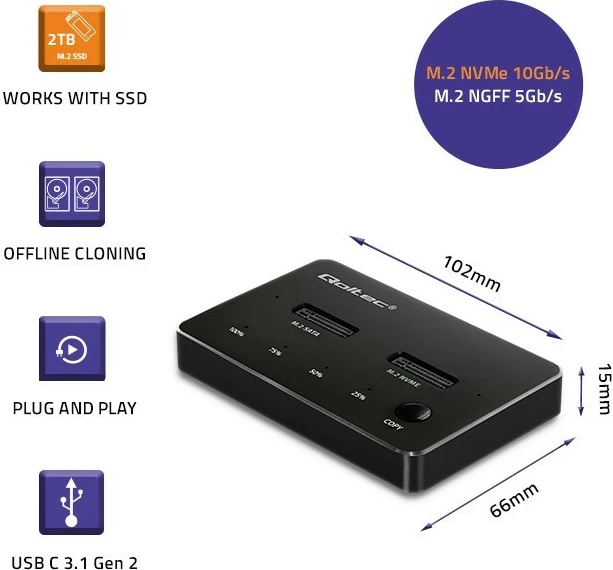 Postaja za dokiranje SSD M.2, NVMe/SATA, USB-C, 2x2TB, črna, Qoltec 52274
