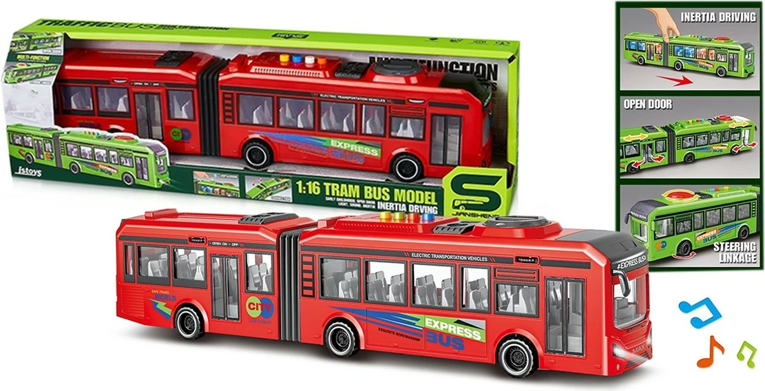 Igrača avtobus z dvema segmentoma, Artyk 187360, merilo 1:16, krmiljenje preko strešnega diska, luči in zvok, z inercijo, baterije AG13, različni