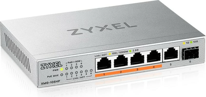 Stikalo Zyxel XMG-105HP, 2.5G Ethernet, PoE, srebrno