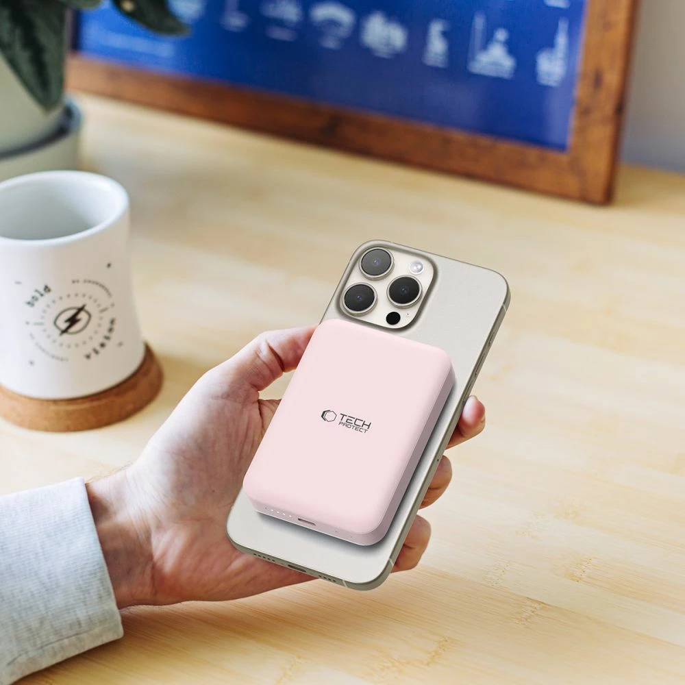 Zunanji akumulator 10000 mAh, MagSafe, USB-C, rožnat z USB-C kablom Tech‑Protect LifeMag PB11
