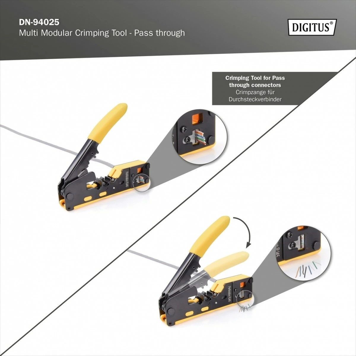 Krmilno orodje za stiskanje konektorjev Digitus DN-94025 za RJ45 Cat.5e/Cat.6, RJ12, RJ11, kovinsko, z rezanjem in odstranjevanjem izolacije