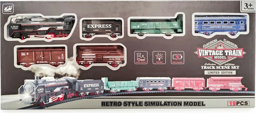 Retro vlak, 19-delni komplet, lokomotiva s svetlobo, Artyk 178061, na baterije 1xAA, 3+ let, večbarven