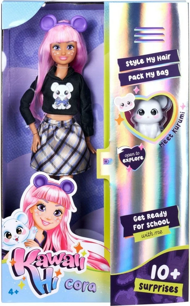 Lutka z ljubko živalico Kurumi in več kot 10 dodatki, Kawaii Hi Cora, 26 cm