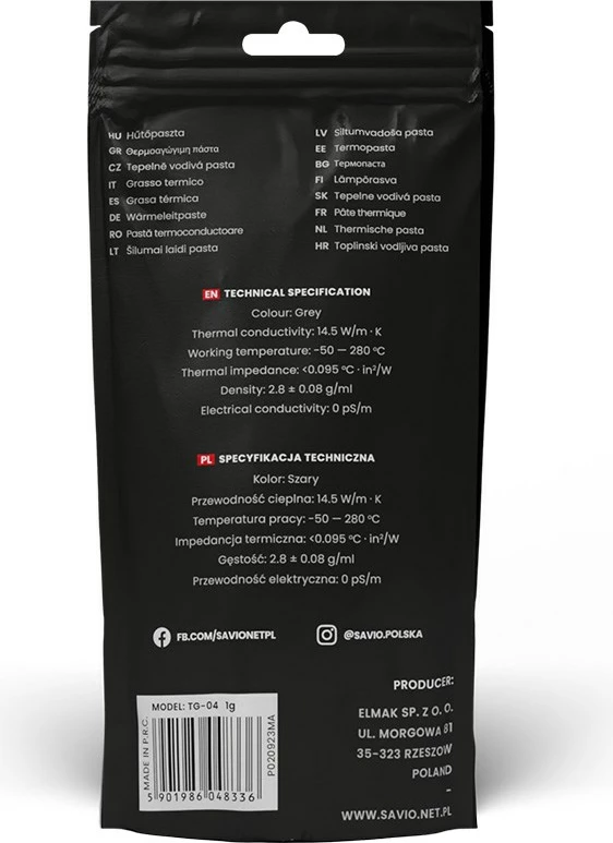 Termalna pasta SAVIO TG-04, 14.5 W/m-K, 2 g