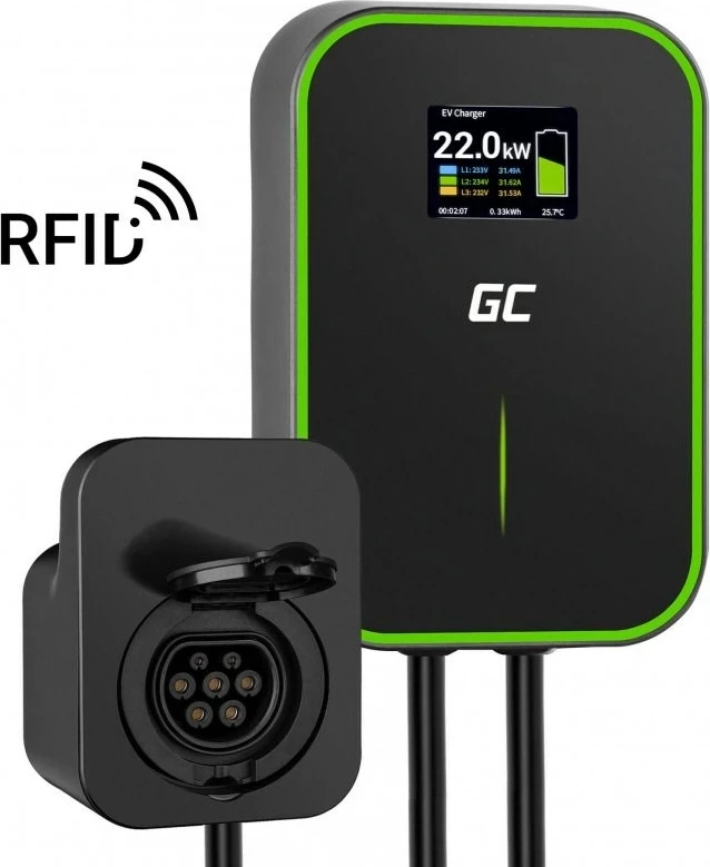 Stenska polnilnica Green Cell Powerbox 22 kW, s priključkom in RFID, črna