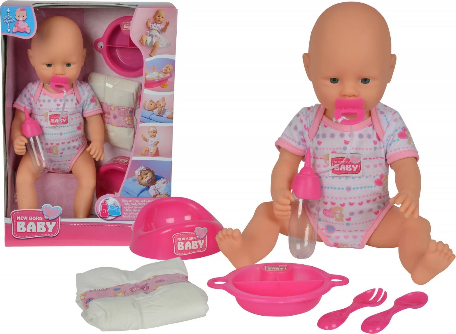 Lutka New Born Baby, Simba, 38 cm, set 7-delni, roza