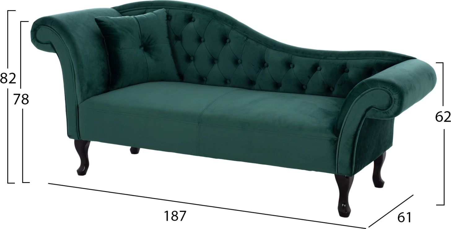 Chesterfield ležalnik Niovi iz zelenega žameta z levim naslonom 190x61x84