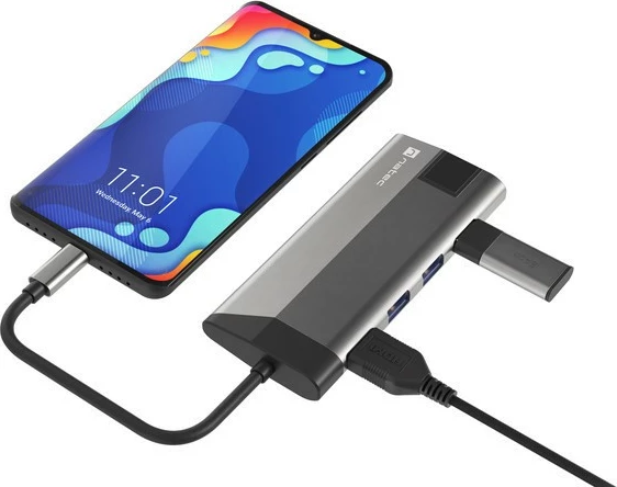 Večvratna priključna postaja Natec Fowler Plus, NMP-1690, 8 vhodov, USB-C PD, HDMI 4K, RJ45, SD/microSD, siva