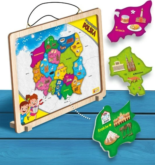 Izobraževalni magnetni zemljevid Poljske, Lisciani I'M A Genius 304-PL105496, lesen, z magnetnimi kosi, 7+