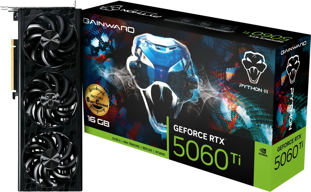 Grafična kartica RTX 5060 Ti Phyton III OC, Gainward, 16GB GDDR7, 3 ventilatorji