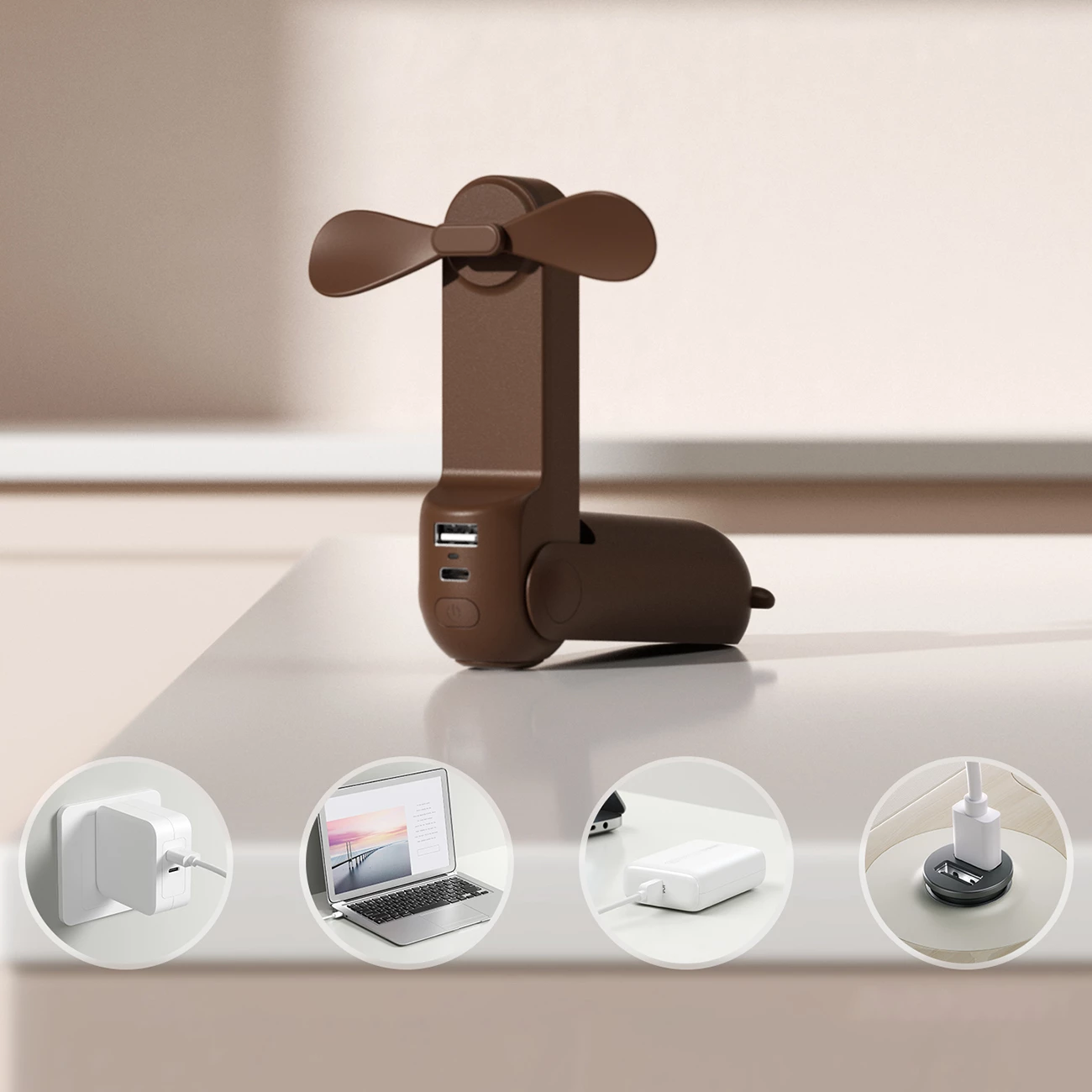 Prenosni ventilator Jisulife Life8, 2000 mAh, USB-C, power bank, rjav