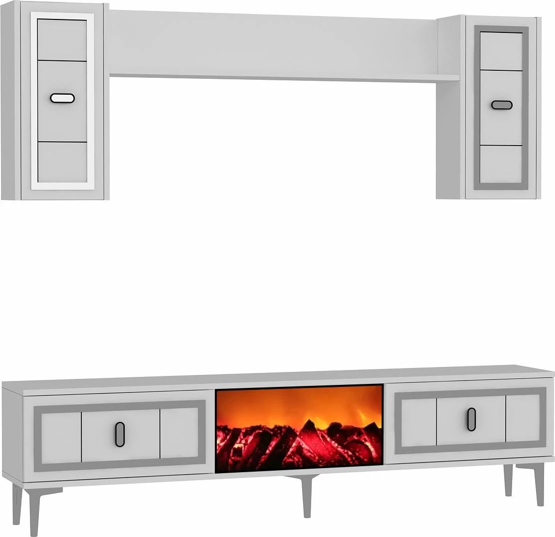 TV enota Skye Decor, kamin Orion - bela, srebrna