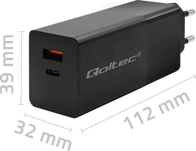 Polnilnik GaN POWER PRO Qoltec, 1x USB Type-C, 1x USB Type-A, 100 W, črn