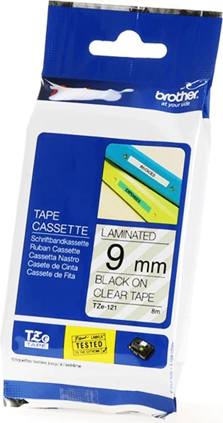 Etiketirna kaseta TZe-121 Brother 9 mm 8 m, črno na prozorno