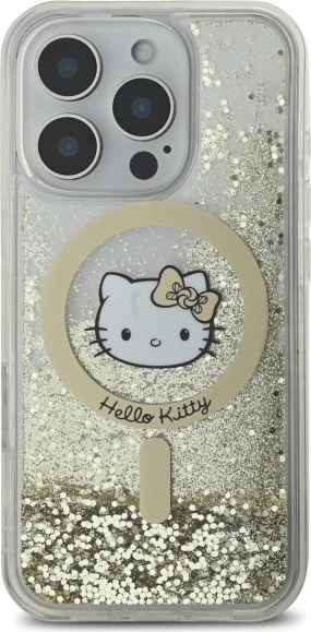 Ovitek z tekočimi zlatimi bleščicami (Liquid Glitter Fever) MagSafe Hello Kitty za iPhone 16 Pro Max, zlato