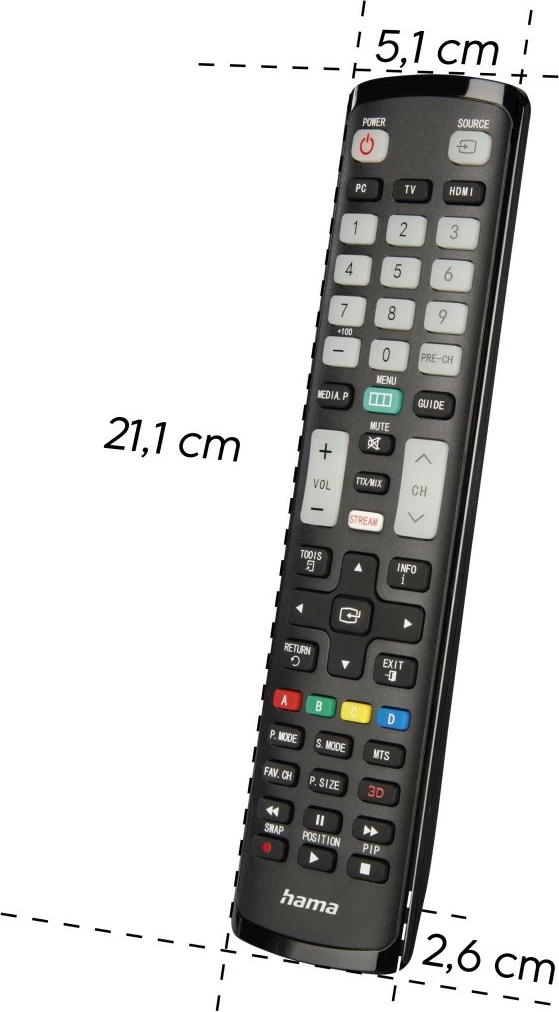 Daljinski upravljalnik z učnim načinom, IR 1:1, osvetljene tipke, združljiv s Samsung, z baterijami AAA, črn, Hama 221060
