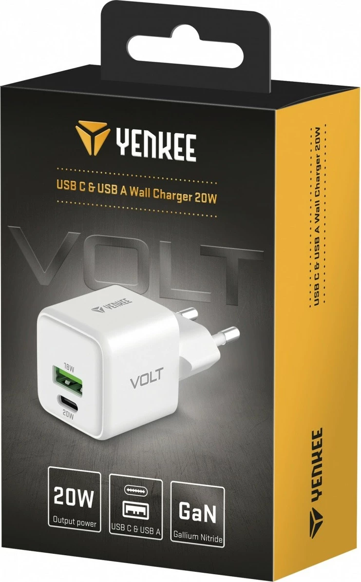Stenski polnilec, 20 W, 2 USB vrata (USB-A + USB-C), bel, Yenkee YAC G38 VOLT