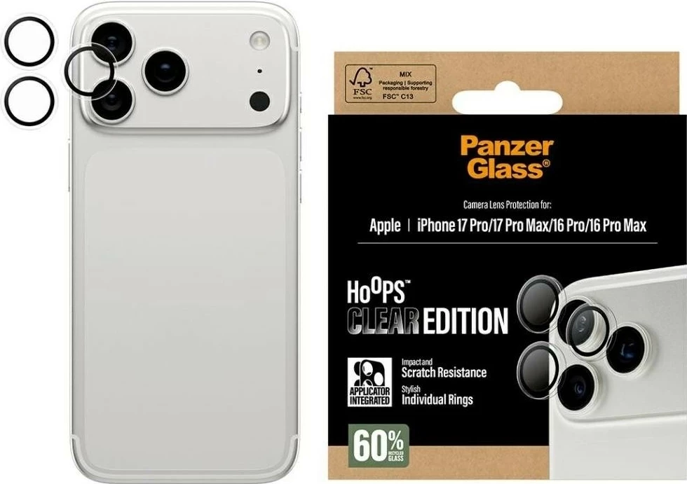 Stekleni zaščitni ovitek za kamero PanzerGlass za iPhone 16 Pro/16 Pro Max/17 Pro/17 Pro Max, prozoren