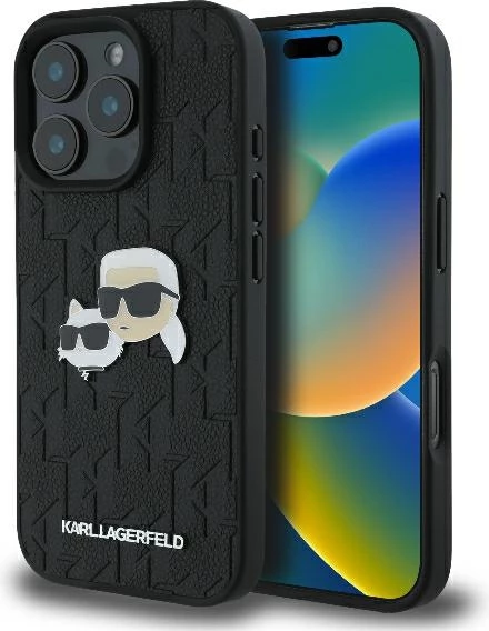 Ovitek za telefon Monogram Karl & Choupette Head Pin, Karl Lagerfeld, za iPhone 16 Pro, črn