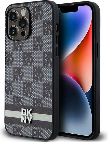 Ovitek za telefon s karo vzorcem in potiskanim črtami, DKNY Leather — za iPhone 14 Pro Max, črn