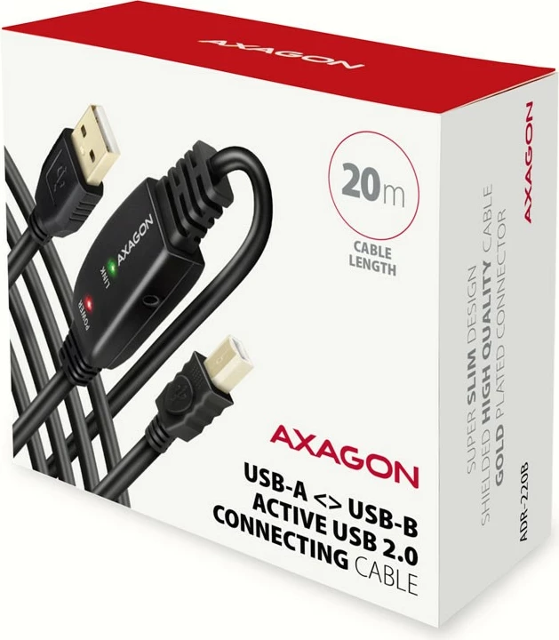 Aktivni USB 2.0 kabel, AXAGON ADR-220B, 20 m, za tiskalnik, črn