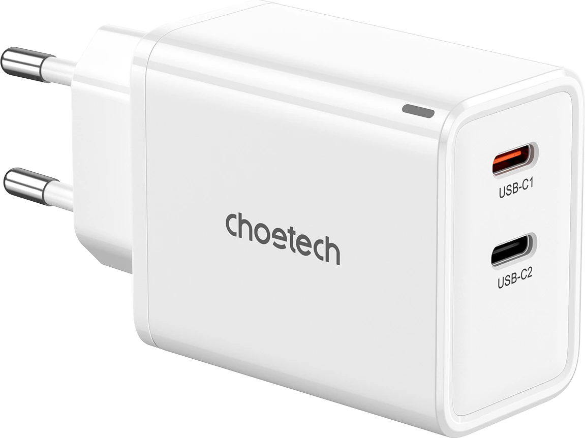 Stenski polnilec 2x USB-C PD, 65 W, bel, Choetech PD6013