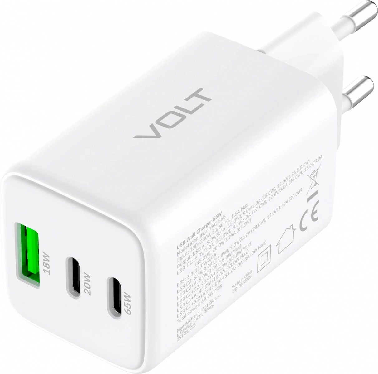 Mrežni polnilec YENKEE YAC G65 VOLT, 65W, 3x USB, bel