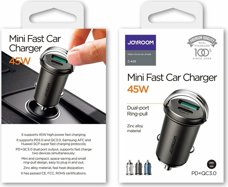 Avtomobilski polnilec, Joyroom C-A35, 45 W, 2x USB/USB-C, siva