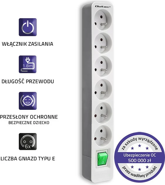 Razdelilec Qoltec 50292 s 6 vtičnicami, 1,8 m, belo-siv