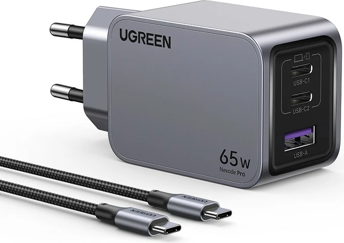 Universalni polnilec Ugreen 25871, 65W, 2x USB Type-C, 1x USB, siv