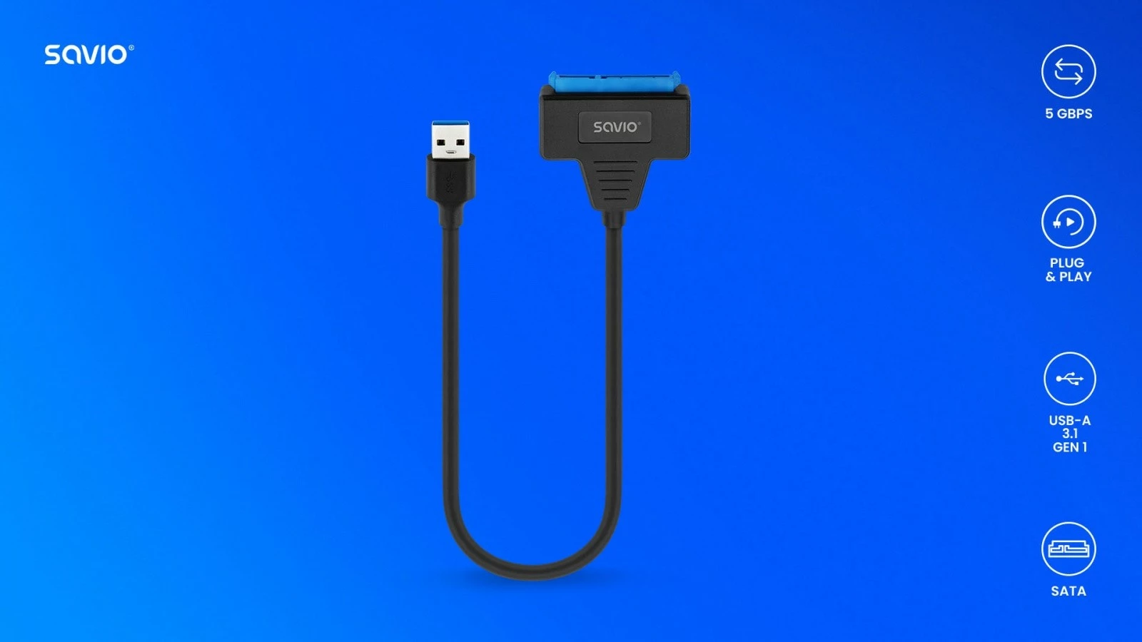 Adapter USB-A 3.1 Gen 1 na SATA za 2,5-palčne diske, Savio AK-68, črn