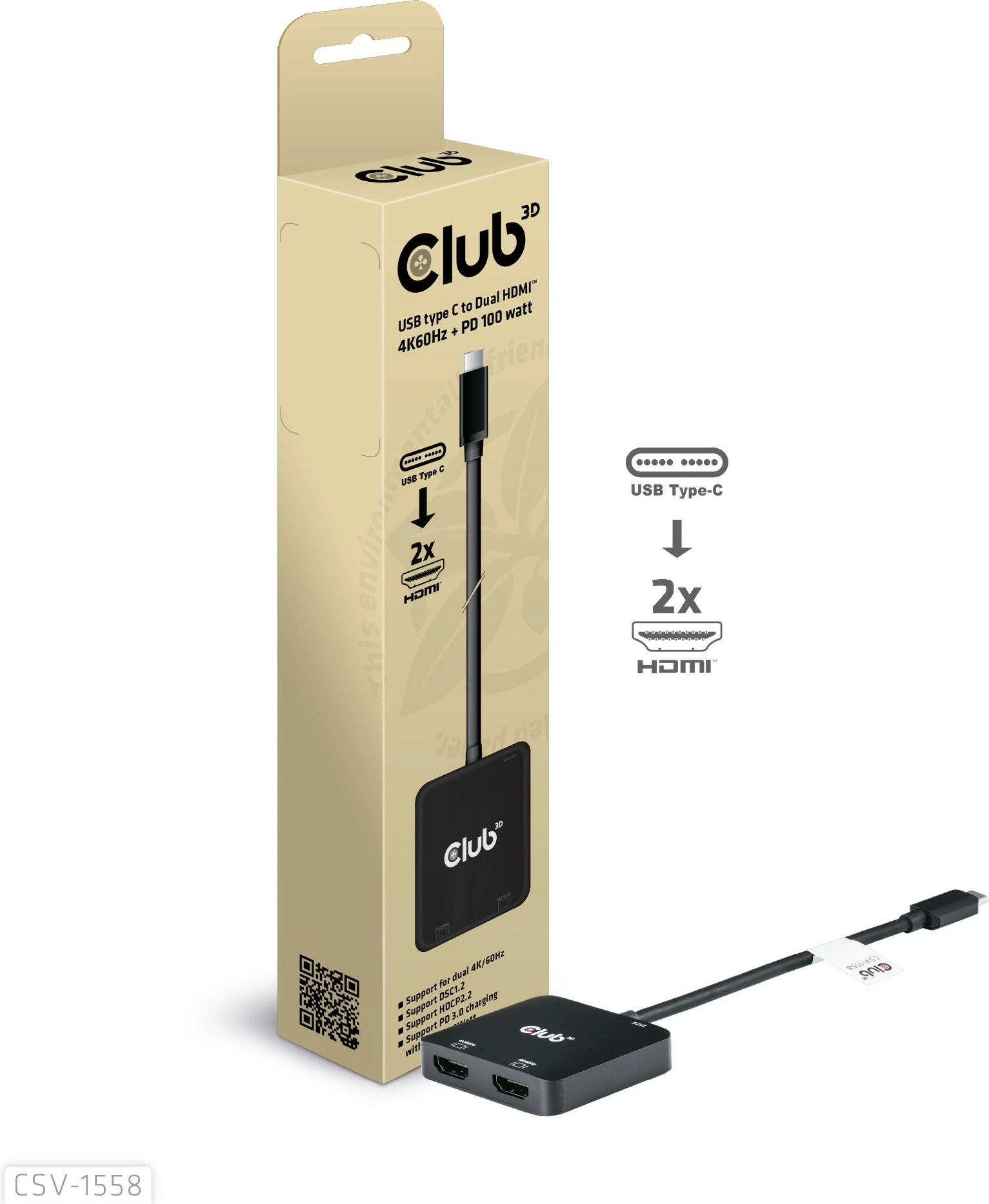 Adapter USB Type-C na 2x HDMI, 4K60Hz, 100W PD, Club3D, črn