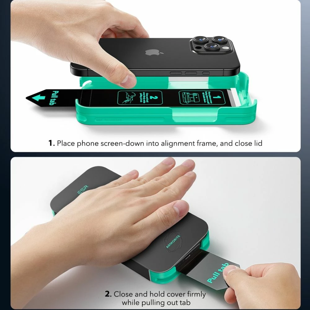 Zaščitno steklo za zaslon s črnim okvirjem in aplikatorjem, ESR Armorite za iPhone 16