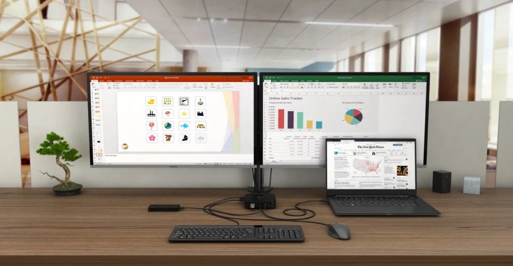 Docking postaja USB-C z dvema zaslonoma HDMI/DP, LAN, avdio, Power Delivery 100 W + univerzalni polnilec 112 W i-tec