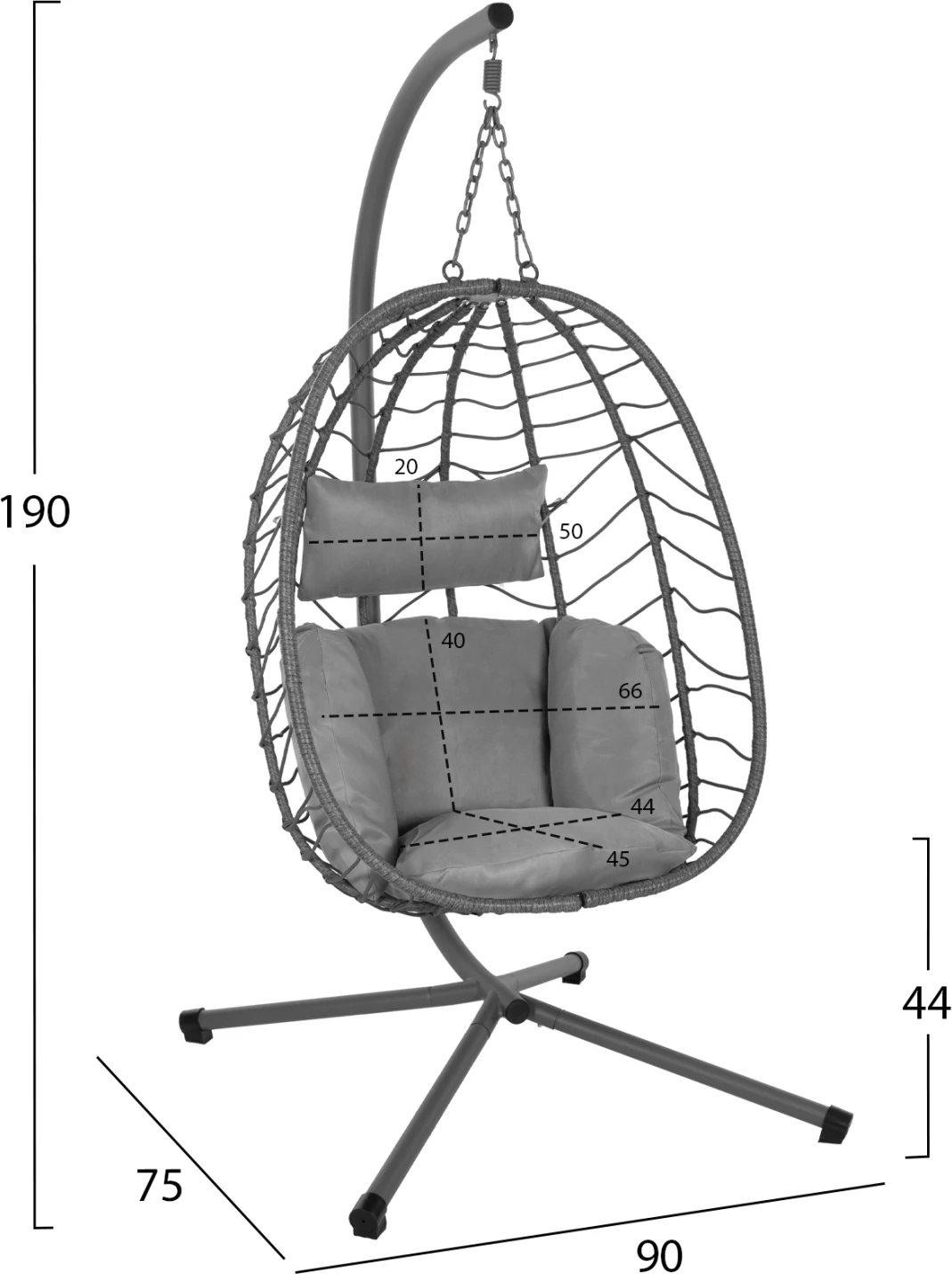 Viseče gnezdo MILLIE FH5997.10 kovinska osnova-sintetični ratan in blazine v sivi barvi 90x75x190Hcm