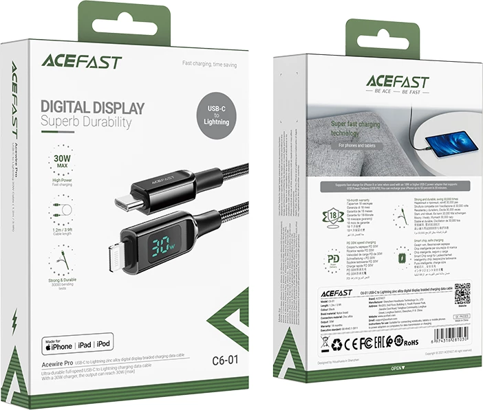 Kabel USB-C na Lightning, 1,2 m, 30 W, z zaslonom, črn Acefast C6-01