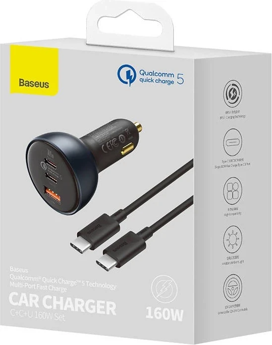Avto polnilec, Qualcomm, 2x USB-C, 160 W, siva - Baseus