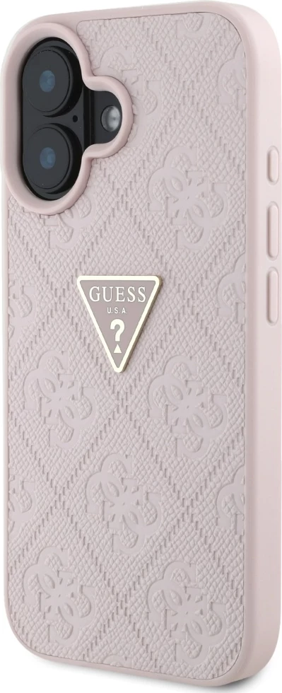 Ovitek za telefon Hot Stamp 4G Pattern Triangle z metalnim logotipom Guess za iPhone 16, rožnat