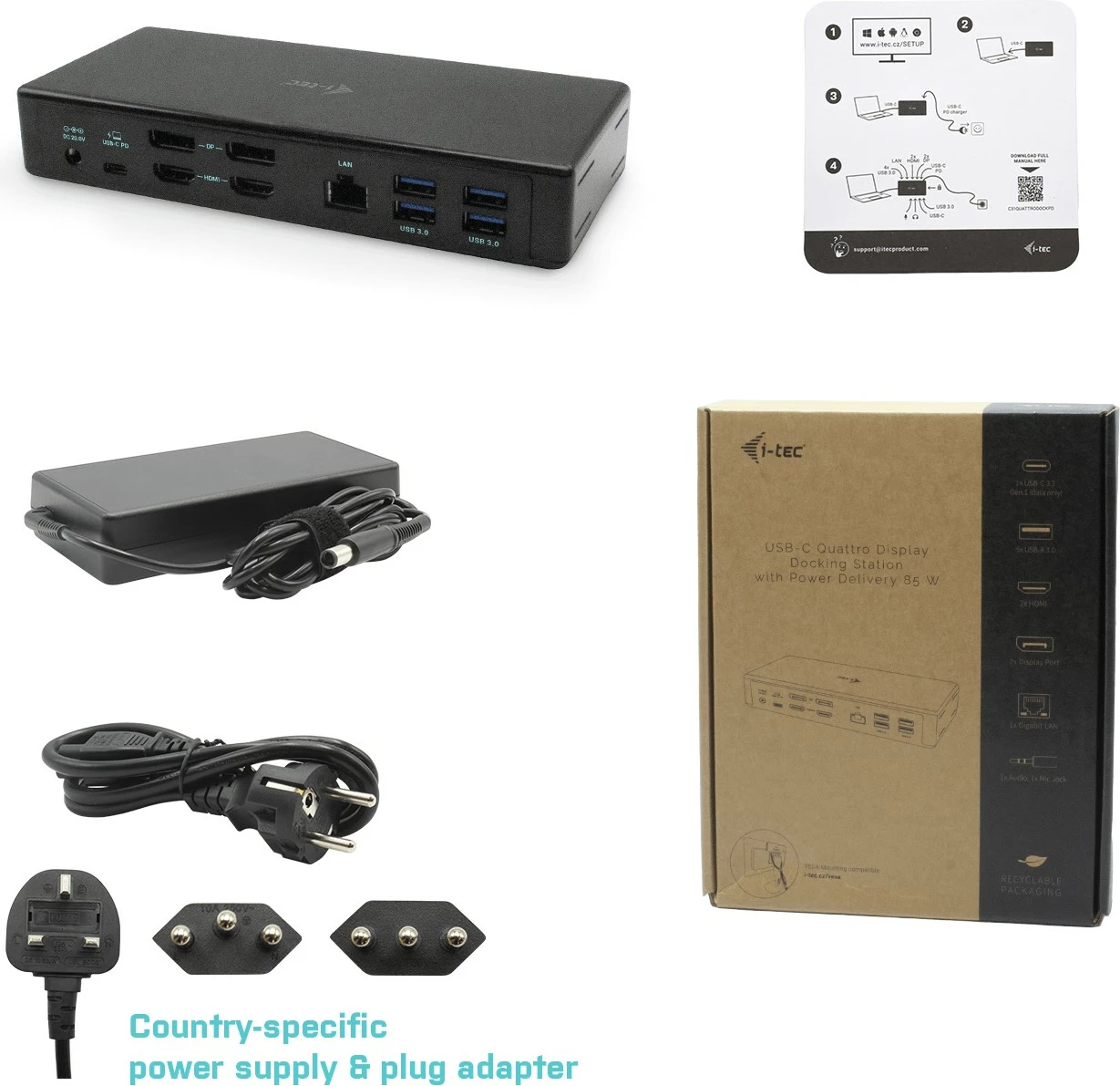 Dokkena postaja za prenosnik I-Tec USB-C Quattro Display, 85W, 4 izhodi za monitor, LAN, črna